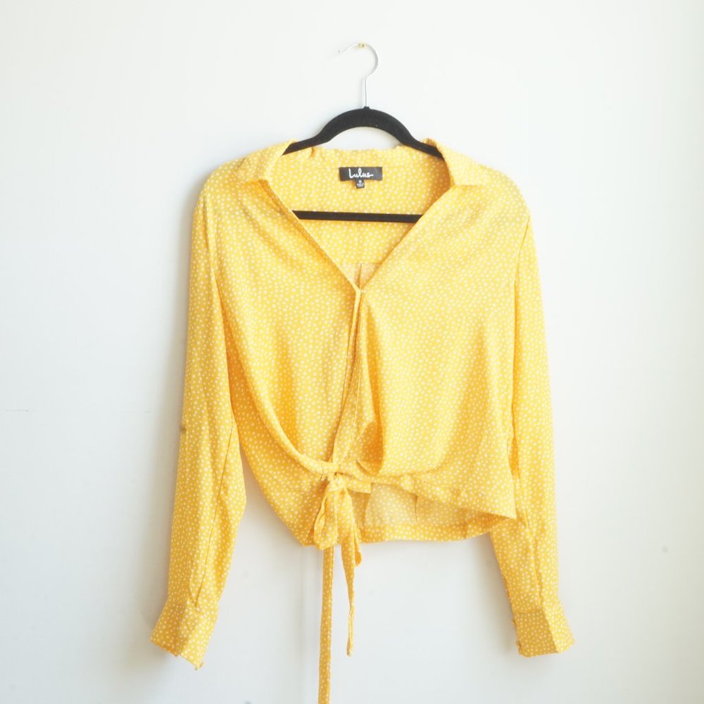 Mustard Yellow Polka Dot Long Sleeve Wrap Top
